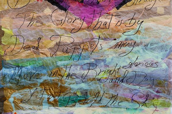 Detail of colourful abstract collage by Brasenose students, inspired by Traherne's poem 'Walking'